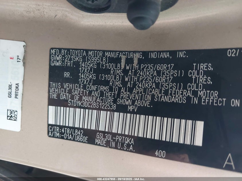 2011 Toyota Sienna Xle V6 VIN: 5TDYK3DC2BS122538 Lot: 43247955