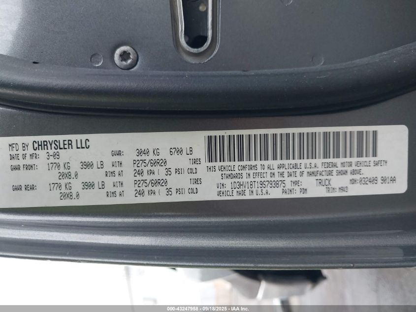 2009 Dodge Ram 1500 Slt/Sport/Trx VIN: 1D3HV18T19S793875 Lot: 43247958