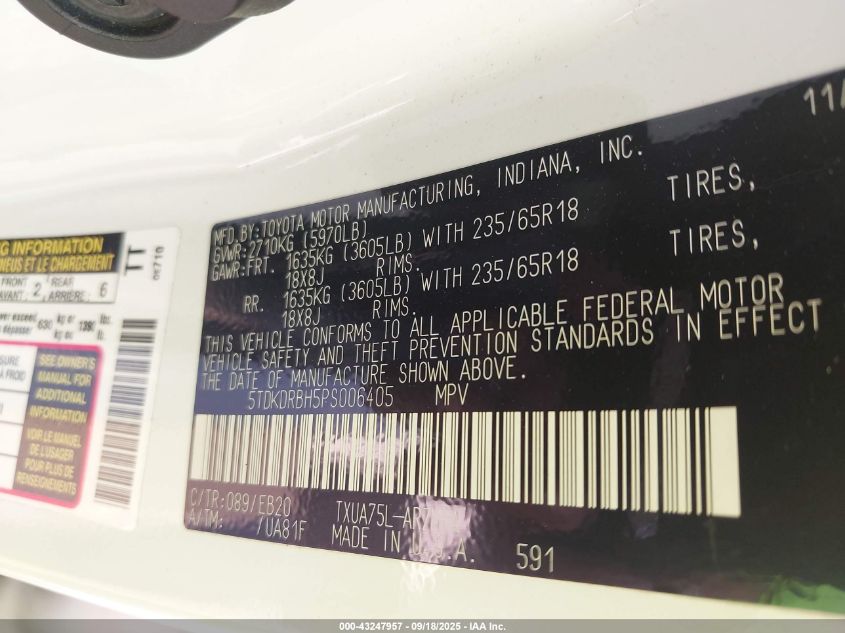 2023 Toyota Highlander Xle VIN: 5TDKDRBH5PS006405 Lot: 43247957