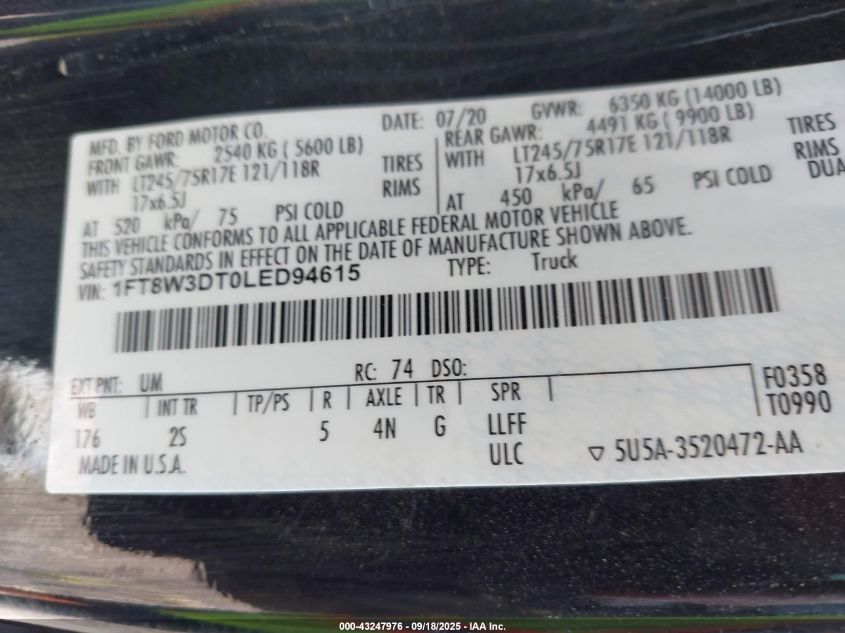 2020 Ford F-350 Xlt VIN: 1FT8W3DT0LED94615 Lot: 43247976