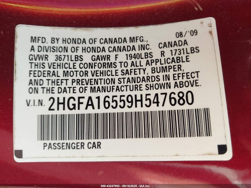 2009 Honda Civic Lx VIN: 2HGFA16559H547680 Lot: 43247992