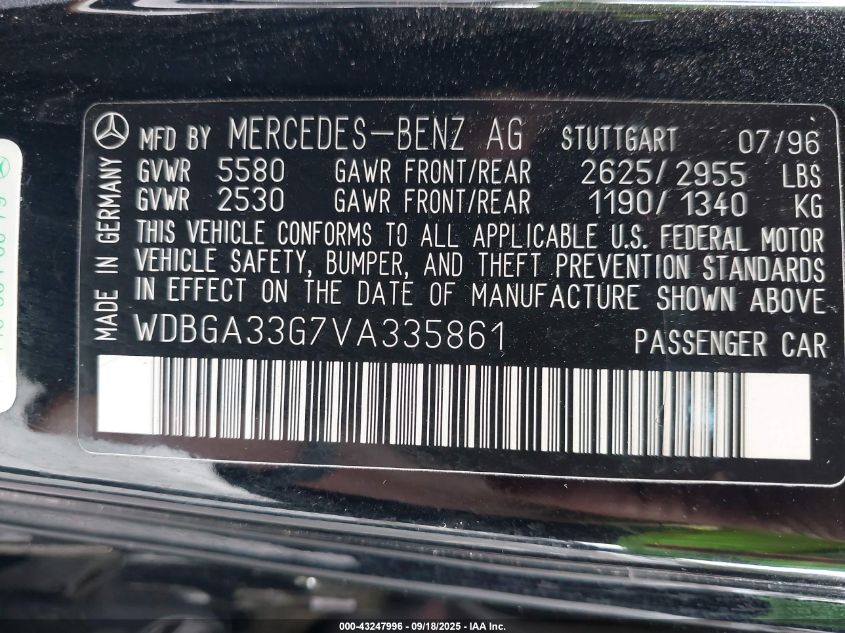 1997 Mercedes-Benz S 320 Base Lwb VIN: WDBGA33G7VA335861 Lot: 43247996