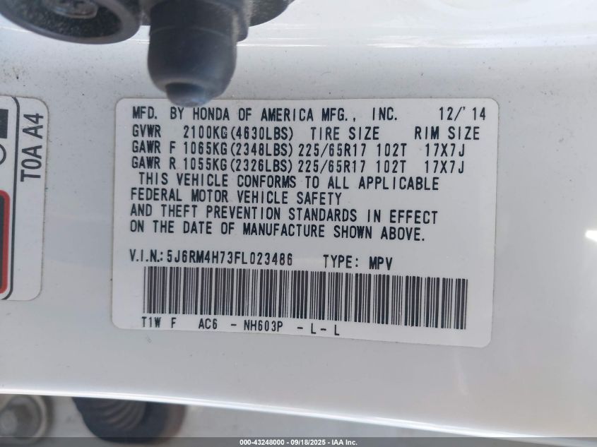 2015 Honda Cr-V Ex-L VIN: 5J6RM4H73FL023486 Lot: 43248000