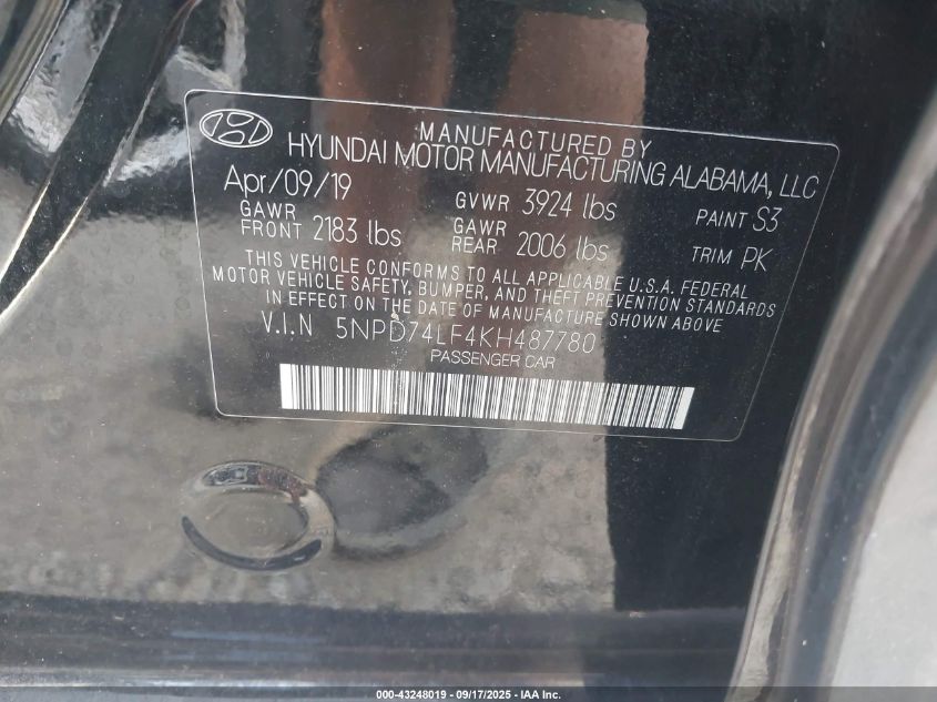2019 Hyundai Elantra Se VIN: 5NPD74LF4KH487780 Lot: 43248019
