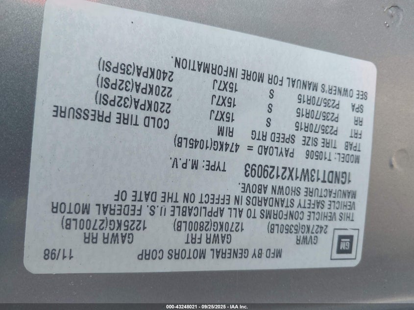 1999 Chevrolet Blazer Ls VIN: 1GNDT13W1X2129093 Lot: 43248021