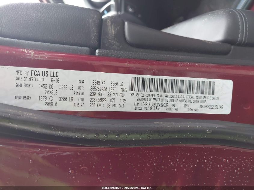 2016 Jeep Grand Cherokee High Altitude VIN: 1C4RJFCG9GC450237 Lot: 43248022