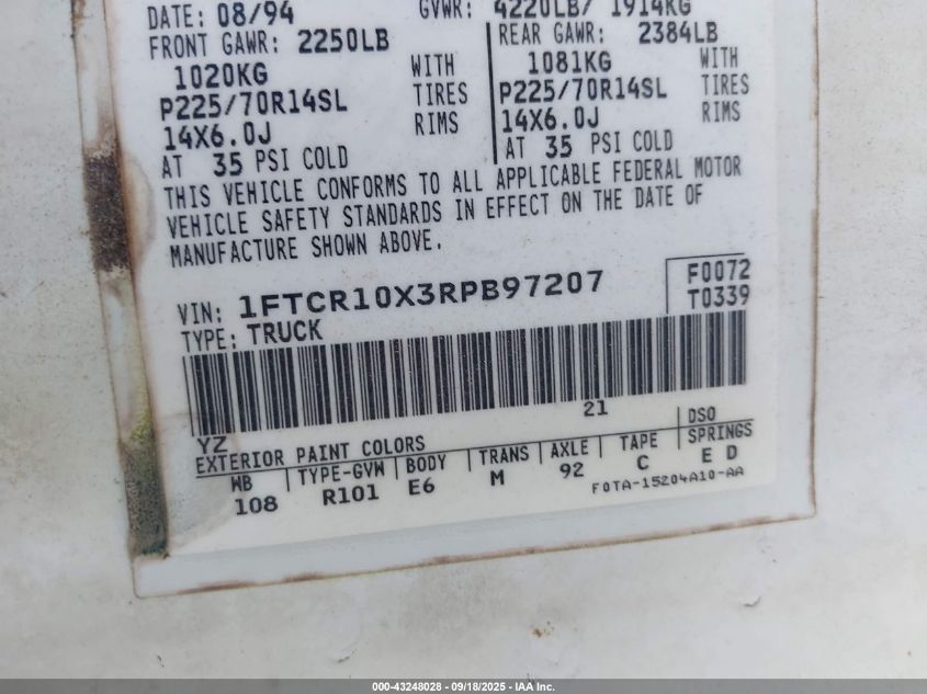 1994 Ford Ranger VIN: 1FTCR10X3RPB97207 Lot: 43248028