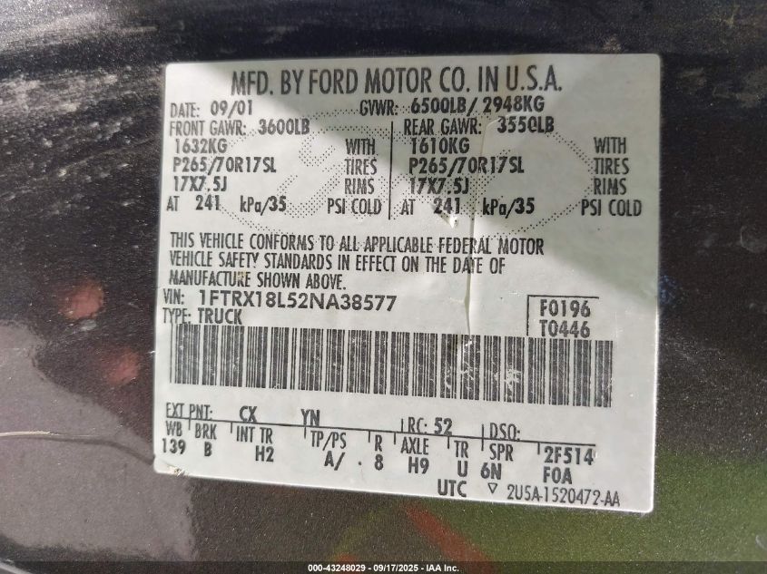 2002 Ford F-150 Lariat/Xl/Xlt VIN: 1FTRX18L52NA38577 Lot: 43248029