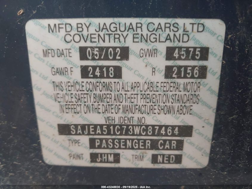 2003 Jaguar X-Type 3.0 VIN: SAJEA51C73WC87464 Lot: 43248030