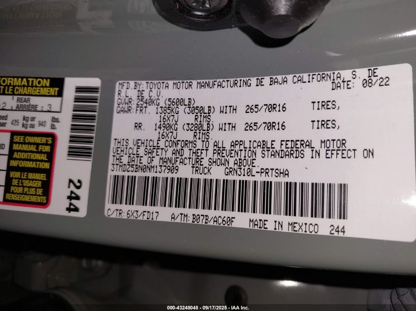 2022 Toyota Tacoma Trd Off Road VIN: 3TMDZ5BN0NM137909 Lot: 43248048