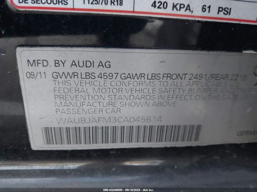 2012 Audi A3 2.0 Tdi Premium VIN: WAUBJAFM3CA045614 Lot: 43248050