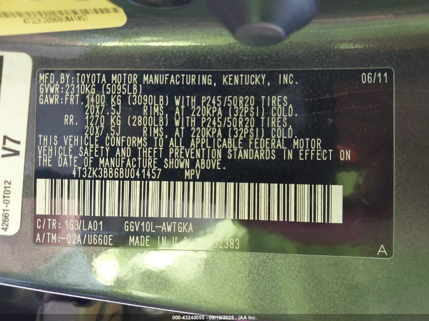 2011 Toyota Venza Base V6 VIN: 4T3ZK3BB6BU041457 Lot: 43248055