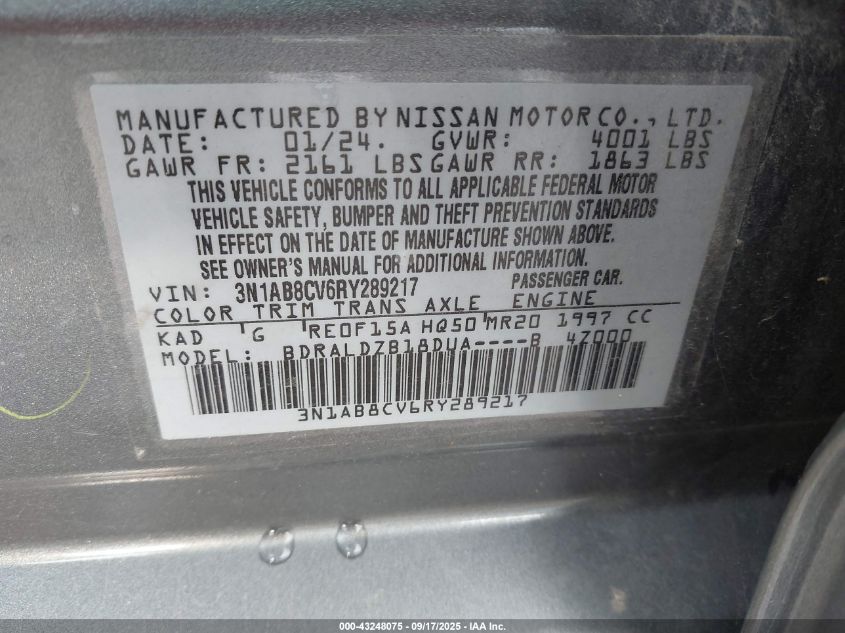 2024 Nissan Sentra Sv Xtronic Cvt VIN: 3N1AB8CV6RY289217 Lot: 43248075