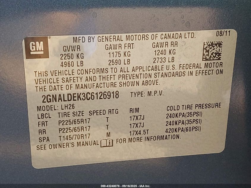 2012 Chevrolet Equinox 1Lt VIN: 2GNALDEK3C6126918 Lot: 43248076