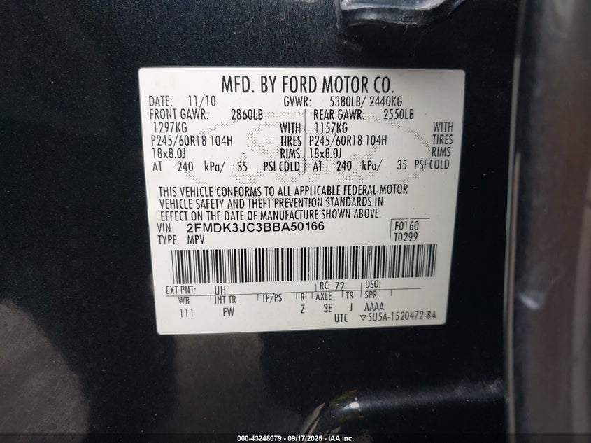 2FMDK3JC3BBA50166 2011 FORD EDGE photo no. 9