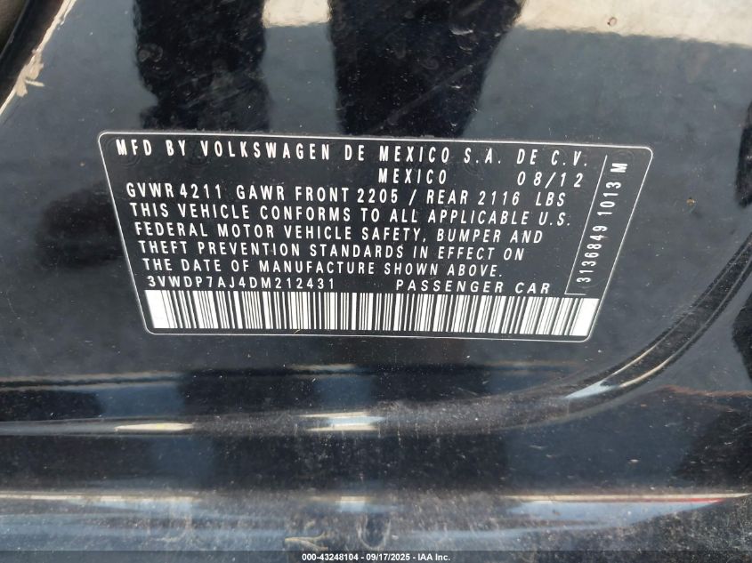 2013 Volkswagen Jetta 2.5L Se VIN: 3VWDP7AJ4DM212431 Lot: 43248104