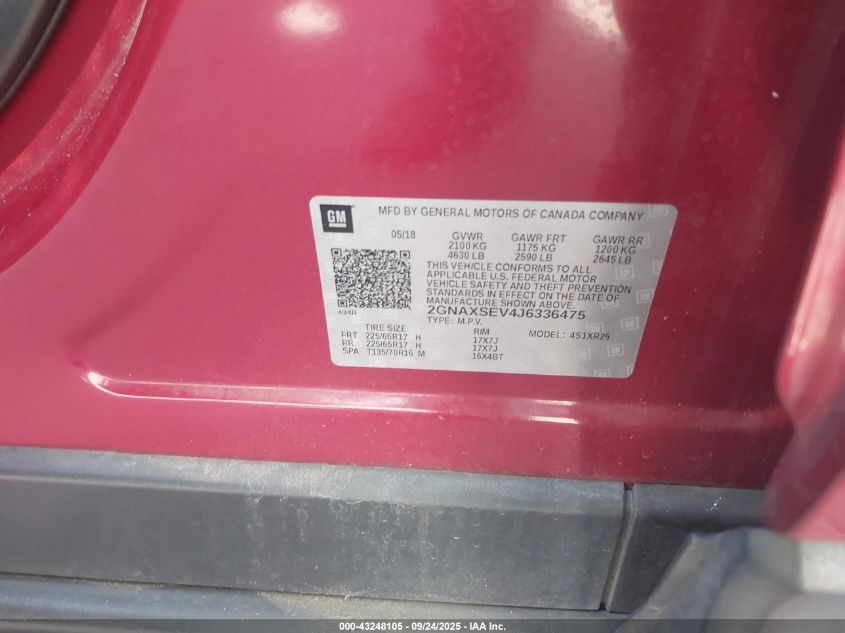 2018 Chevrolet Equinox Lt VIN: 2GNAXSEV4J6336475 Lot: 43248105