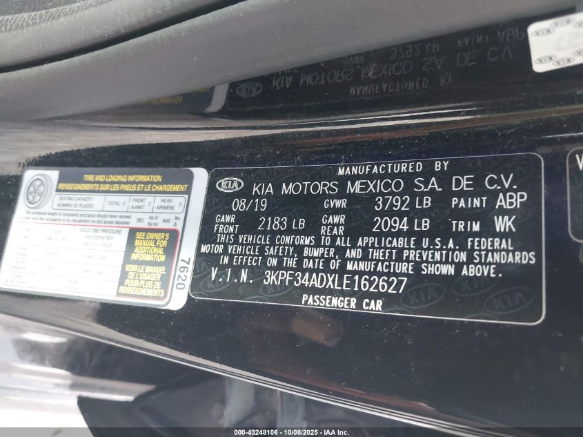 2020 Kia Forte Gt-Line VIN: 3KPF34ADXLE162627 Lot: 43248106