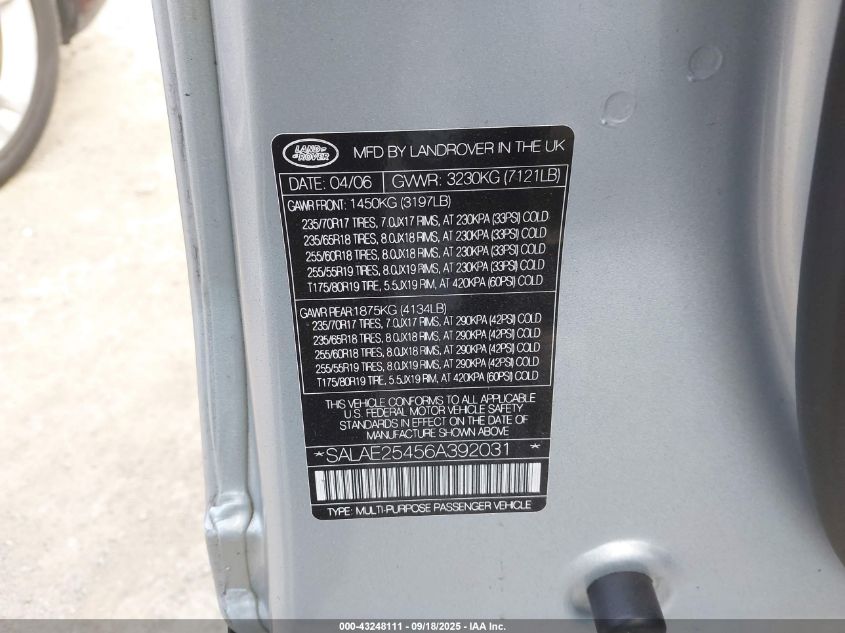 2006 Land Rover Lr3 V8 Se VIN: SALAE25456A392031 Lot: 43248111