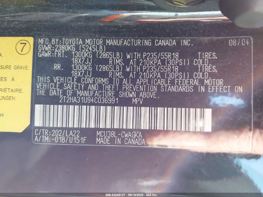 2004 Lexus Rx 330 VIN: 2T2HA31U94C036991 Lot: 43248127