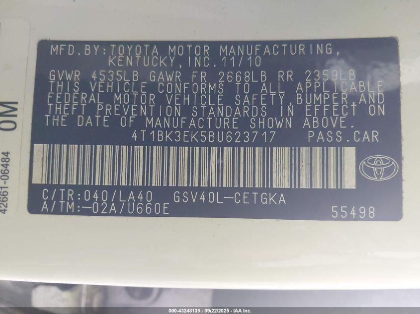 2011 Toyota Camry Xle V6 VIN: 4T1BK3EK5BU623717 Lot: 43248139