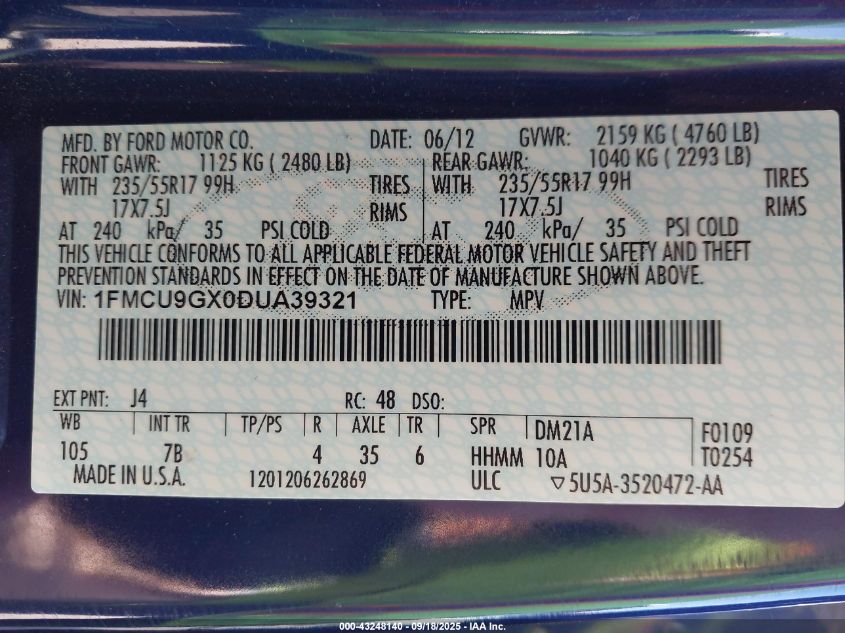 2013 Ford Escape Se VIN: 1FMCU9GX0DUA39321 Lot: 43248140
