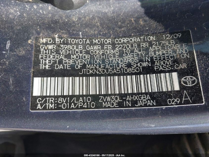 2010 Toyota Prius Iv VIN: JTDKN3DU5A5108501 Lot: 43248166