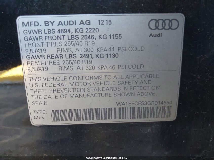 2016 Audi Q3 2.0T Premium Plus VIN: WA1EFCFS3GR014554 Lot: 43248172