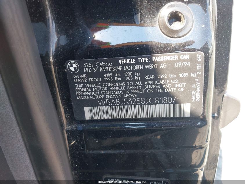 1995 BMW 325 Ic VIN: WBABJ5325SJC8I807 Lot: 43248192