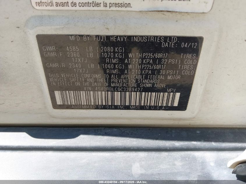 2012 Subaru Outback 2.5I Limited VIN: 4S4BRBLC0C3289427 Lot: 43248194