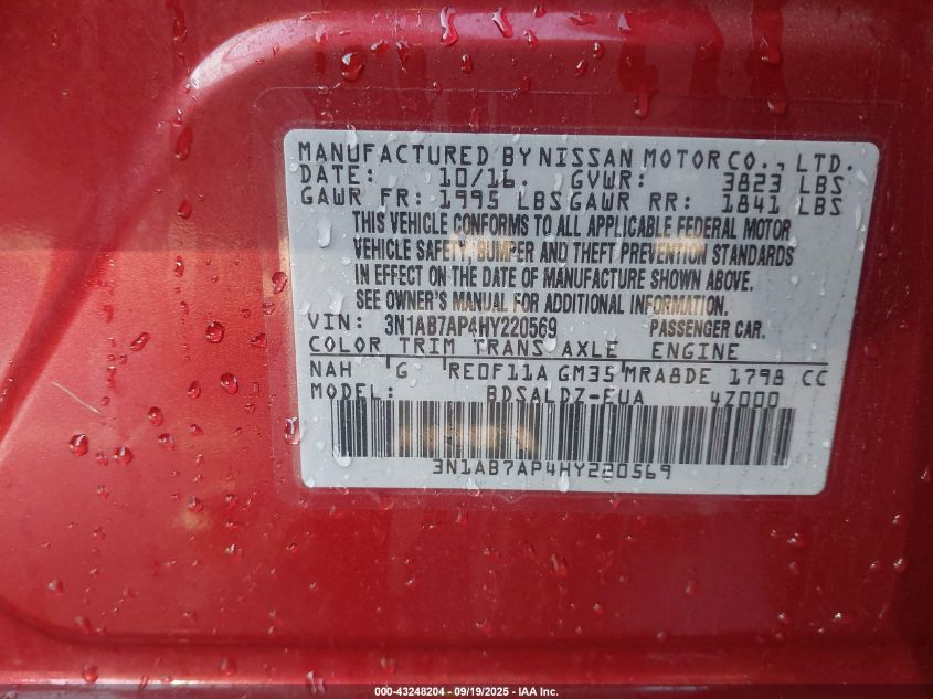 2017 Nissan Sentra Sv VIN: 3N1AB7AP4HY220569 Lot: 43248204