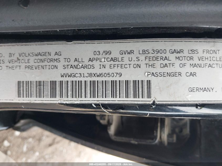 1999 Volkswagen Golf Gls VIN: WVWGC31J8XW605079 Lot: 43248205