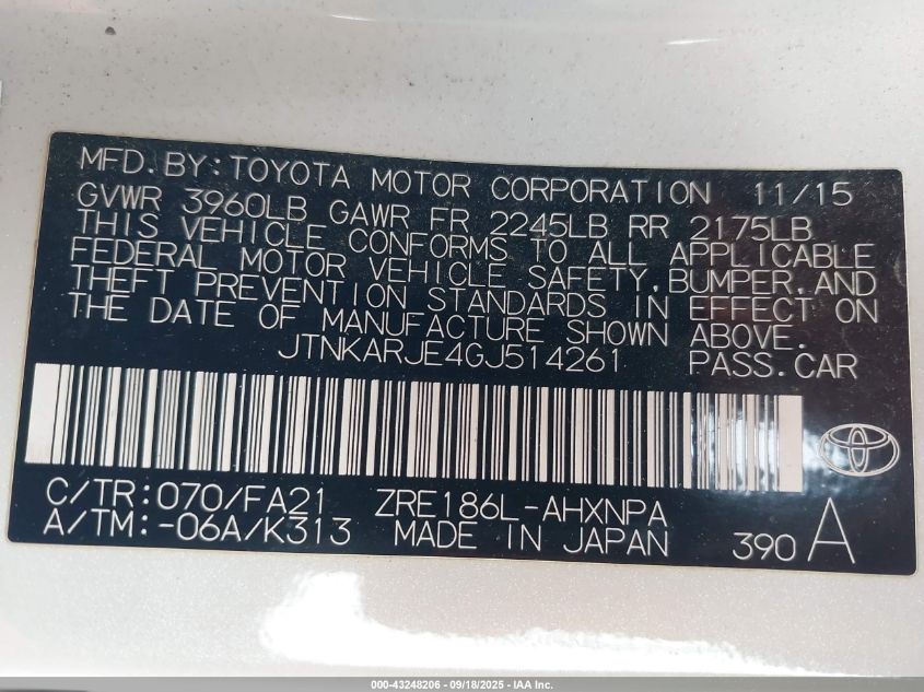 2016 Scion Im VIN: JTNKARJE4GJ514261 Lot: 43248206