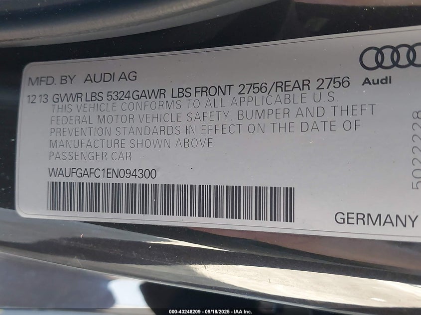 2014 Audi A6 3.0T Premium Plus VIN: WAUFGAFC1EN094300 Lot: 43248209