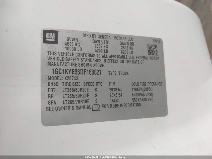 2013 Chevrolet Silverado 2500Hd Ltz VIN: 1GC1KYE83DF168827 Lot: 43248218