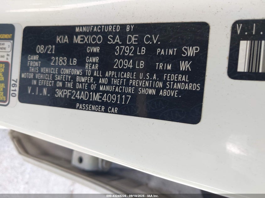 2021 Kia Forte Lxs VIN: 3KPF24AD1ME409117 Lot: 43248228