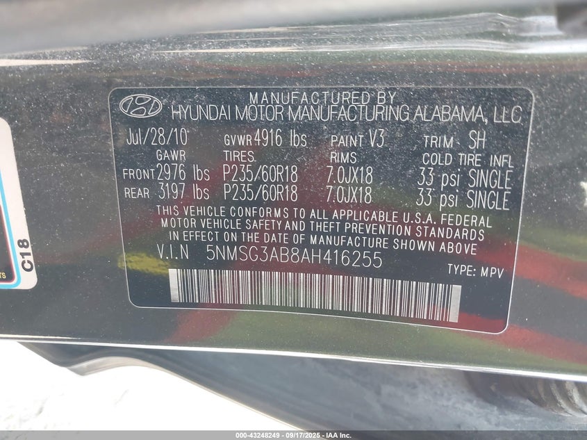 2010 Hyundai Santa Fe Gls VIN: 5NMSG3AB8AH416255 Lot: 43248249