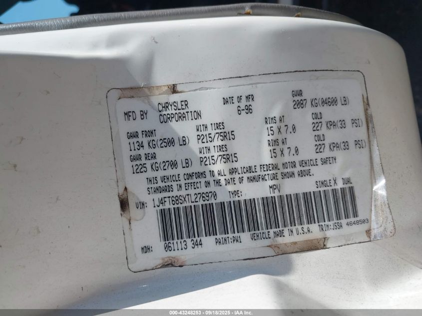 1996 Jeep Cherokee Sport/Classic VIN: 1J4FT68SXTL276970 Lot: 43248253