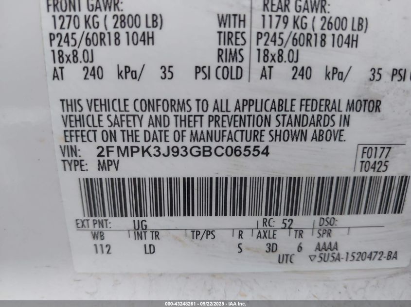 2016 Ford Edge Sel VIN: 2FMPK3J93GBC06554 Lot: 43248261