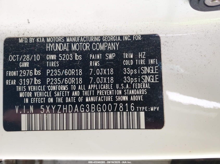 2011 Hyundai Santa Fe Se VIN: 5XYZHDAG3BG007816 Lot: 43248285