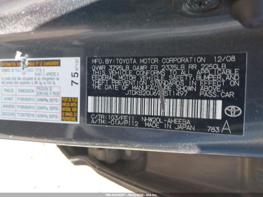 2009 Toyota Prius VIN: JTDKB20U693511497 Lot: 43248287