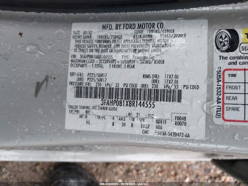 2008 Ford Fusion Sel VIN: 3FAHP081X8R144555 Lot: 43248293