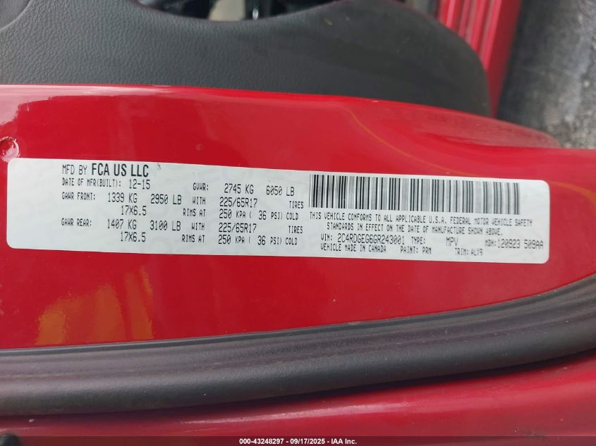 2016 Dodge Grand Caravan R/T VIN: 2C4RDGEG6GR243001 Lot: 43248297