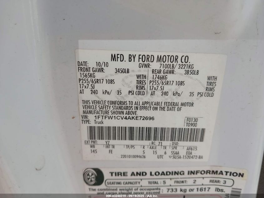 2010 Ford F-150 Fx2 Sport/Harley-Davidson/King Ranch/Lariat/Platinum/Xl/Xlt VIN: 1FTFW1CV4AKE72696 Lot: 43248319