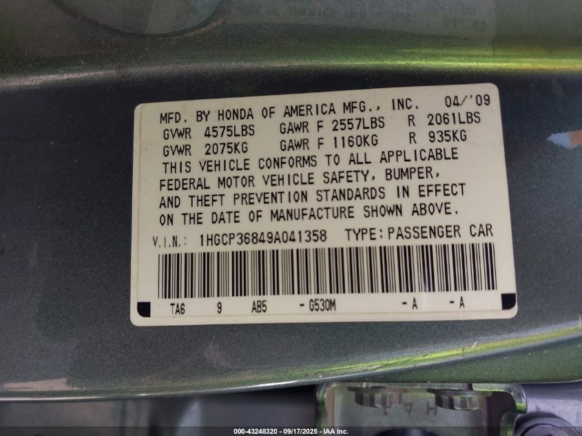 2009 Honda Accord 3.5 Ex-L VIN: 1HGCP36849A041358 Lot: 43248320