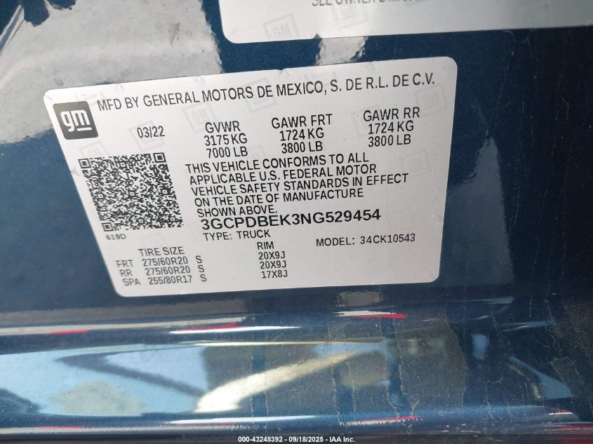 2022 Chevrolet Silverado 1500 4Wd Short Bed Custom VIN: 3GCPDBEK3NG529454 Lot: 43248392