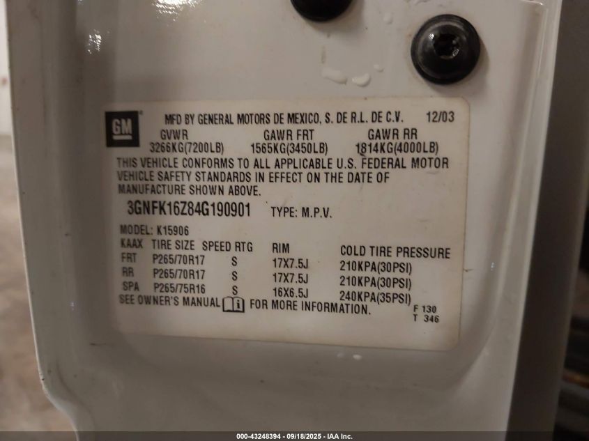 2004 Chevrolet Suburban 1500 Z71 VIN: 3GNFK16Z84G190901 Lot: 43248394