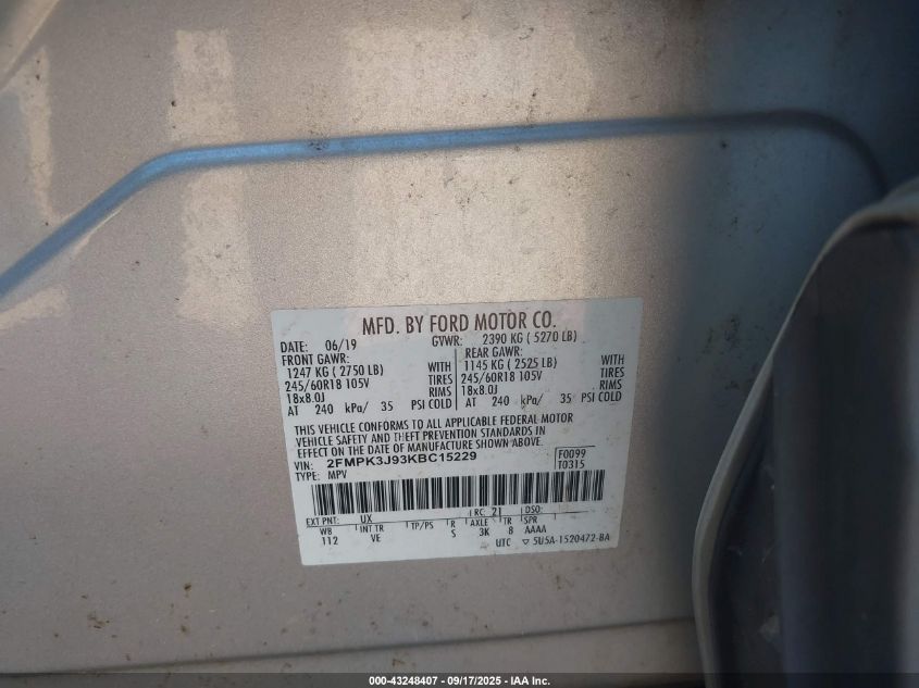 2019 Ford Edge Sel VIN: 2FMPK3J93KBC15229 Lot: 43248407