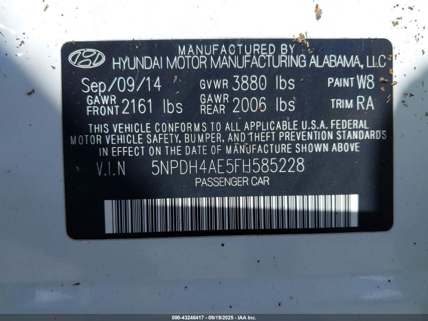 2015 Hyundai Elantra Se VIN: 5NPDH4AE5FH585228 Lot: 43248417