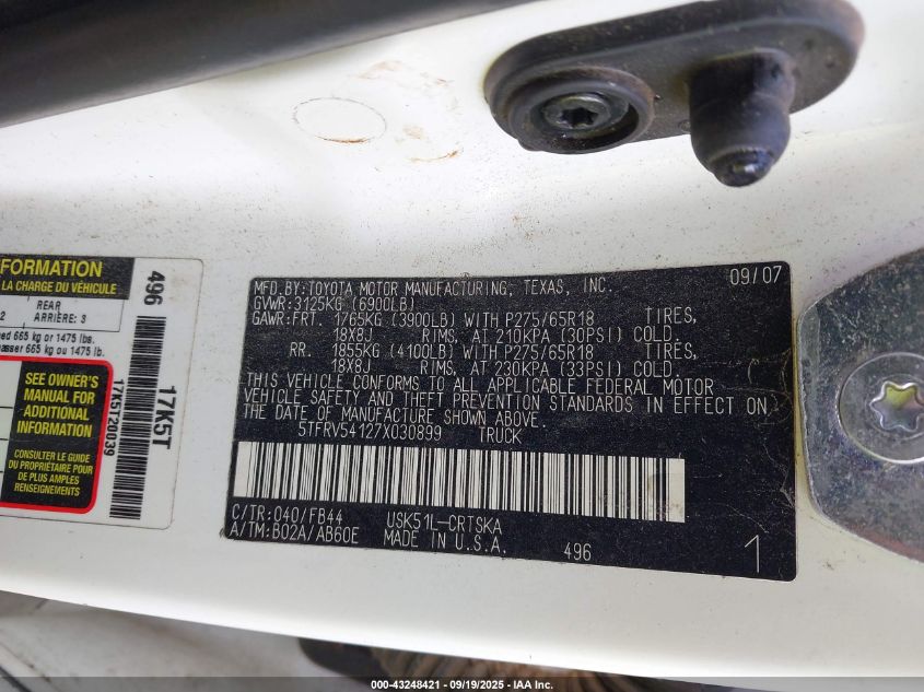 2007 Toyota Tundra Sr5 V8 VIN: 5TFRV54127X030899 Lot: 43248421